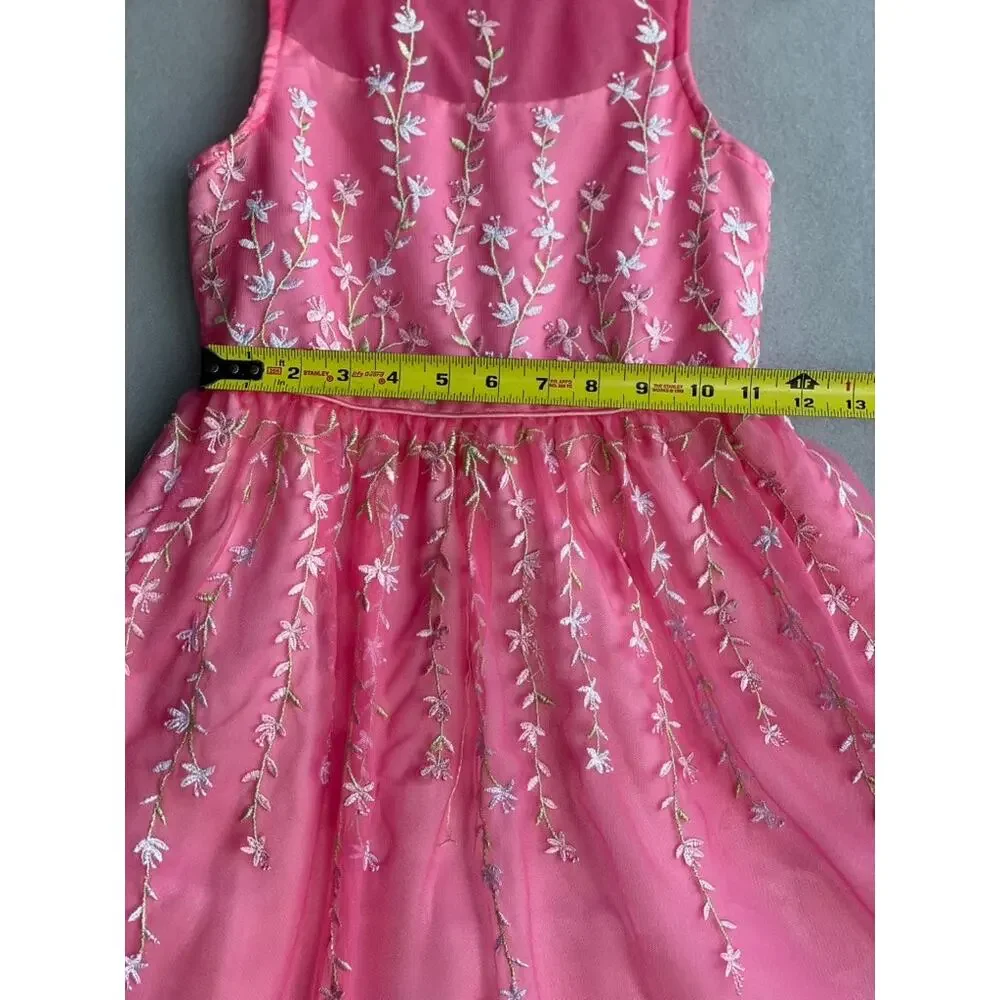 JONA MICHELLE GIRLS PINK FLORAL EMBROIDERED TULLE PARTY DRESS - SIZE 8